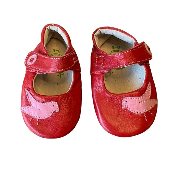LIVIE & LUCA Pio Pio Baby Shoes Girls 0-6 Red Mary Jane Soft Crib Shoe Birds - Picture 1 of 9